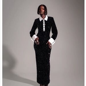 OFUURE Elegant Black Maxi Dress with White Accents